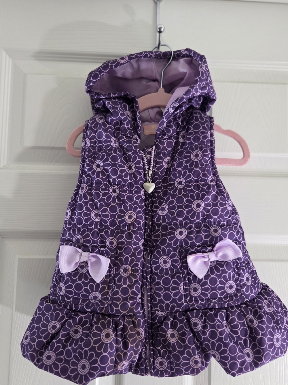 Kids Headquarters Purple Floral Hooded Puffer Vest with Bows